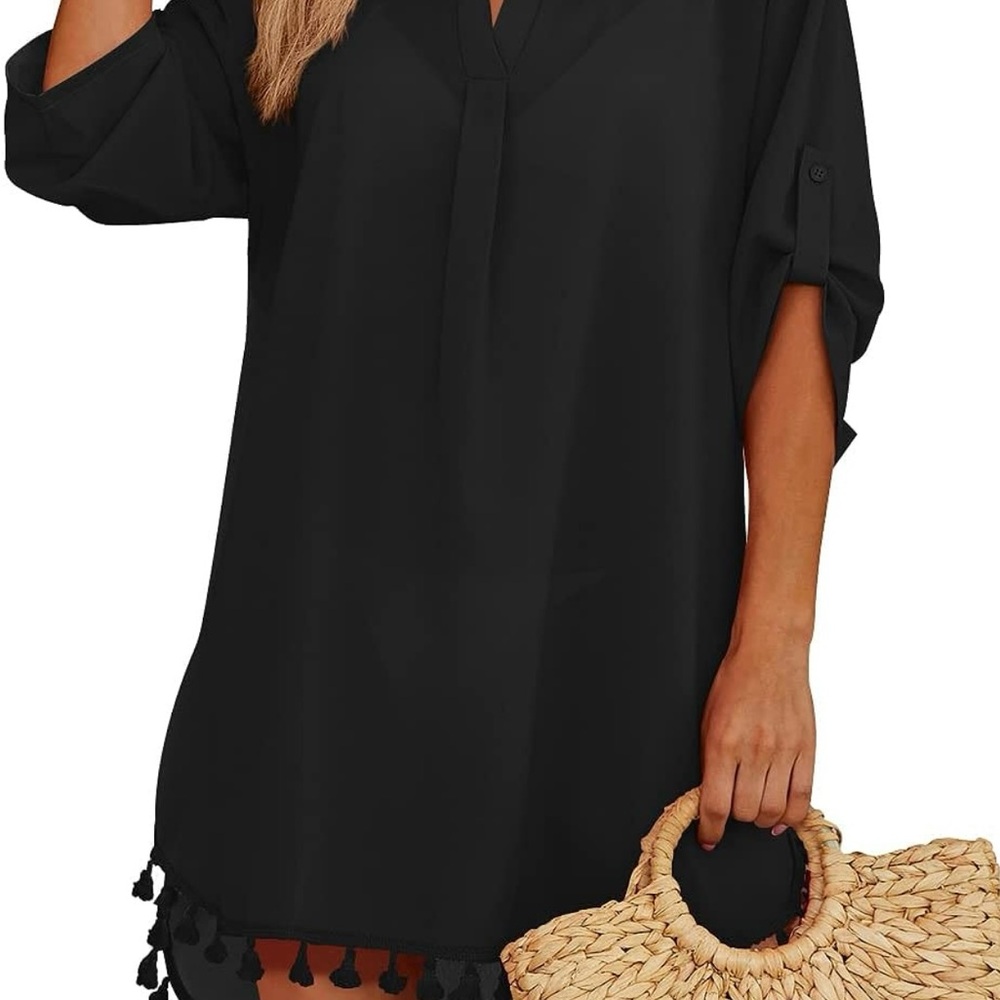 Black Tunic Dress with Tassel Hem